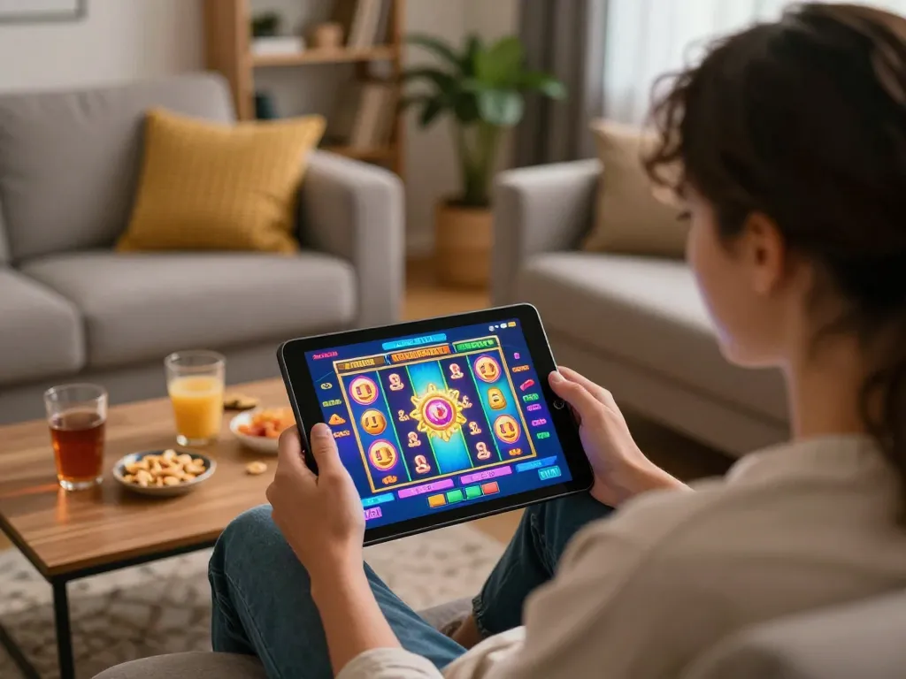 Player enjoying slot games on tablet in a cozy home setting, emphasizing strategic, responsible gaming.