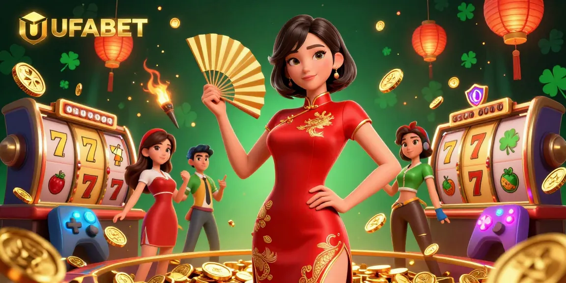 Experience the thrill of casino gaming with UFABET's vibrant 3D illustration showcasing exciting slots and golden elements.