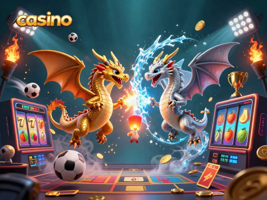 Engage in thrilling casino experiences with intertwined dragon artwork and vibrant slot elements.
