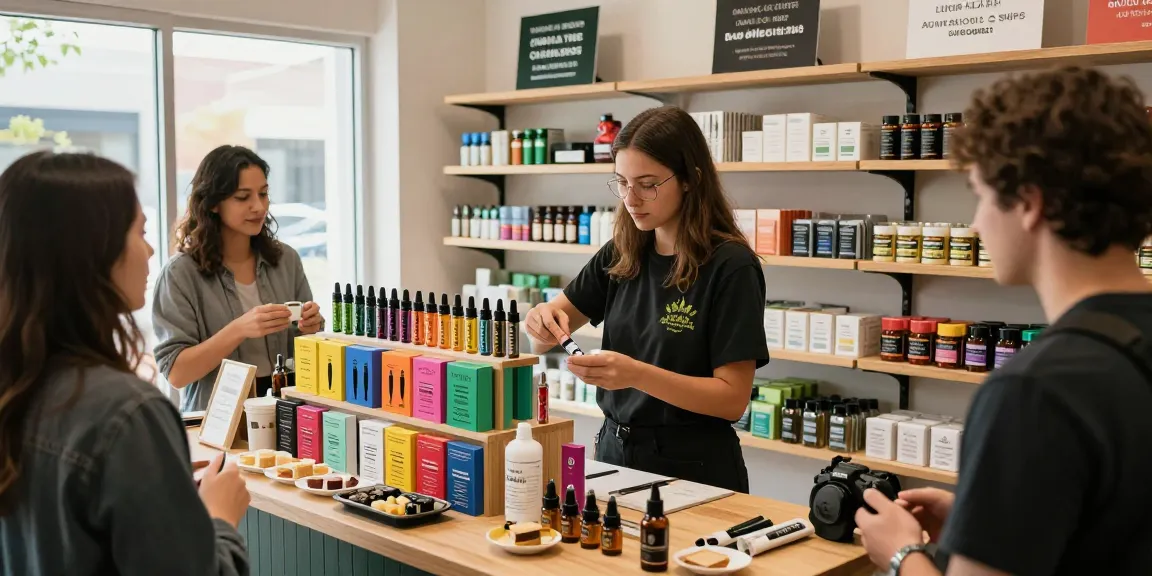 Engaged customers exploring Muha Meds cannabis products in a vibrant store.