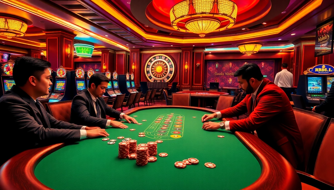 High-stakes gameplay at RR88 casino with poker players, thrilling slot machines, and roulette.