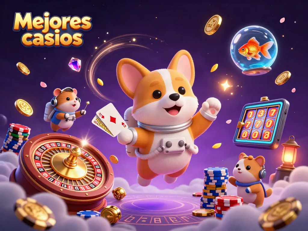 La ilustración del espacio muestra Mejores casinos donde un corgi y un hámster juegan en un casino.