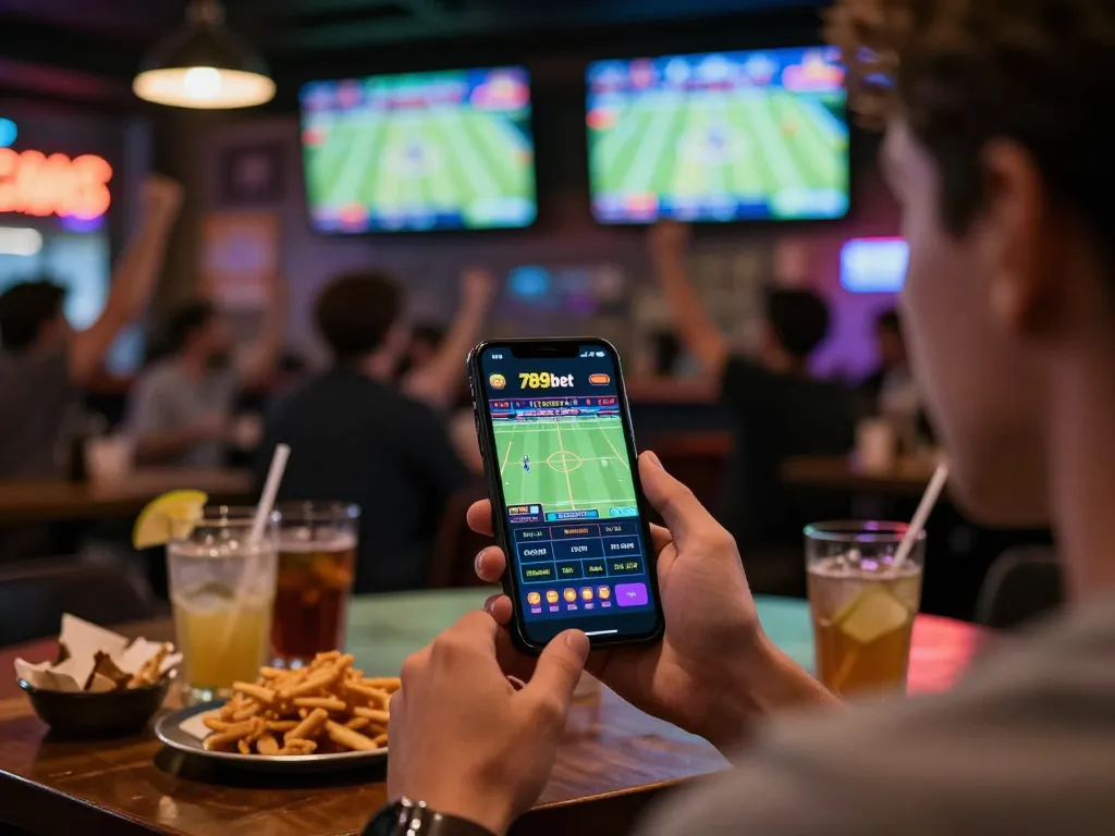 Engaged bettor using 789bet mobile app in a vibrant sports bar atmosphere.