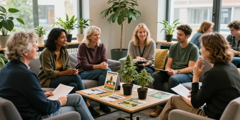 Community gathering discussing cannabis delmenhorst with plants and materials.