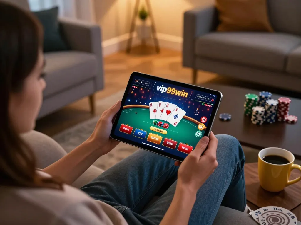 Engaging in online casino gaming on vip99win with vibrant tablet display and cozy home atmosphere.