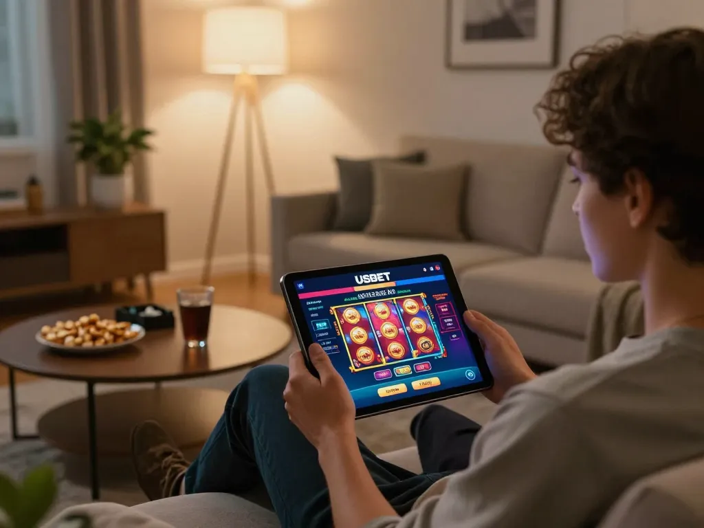 Experience online gaming excitement with USBET app in a cozy living room, showcasing vibrant slot games.
