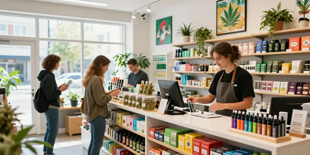 Buy cannabis Croydon at a vibrant retail dispensary showcasing various products and accessories in a modern shopping environment.