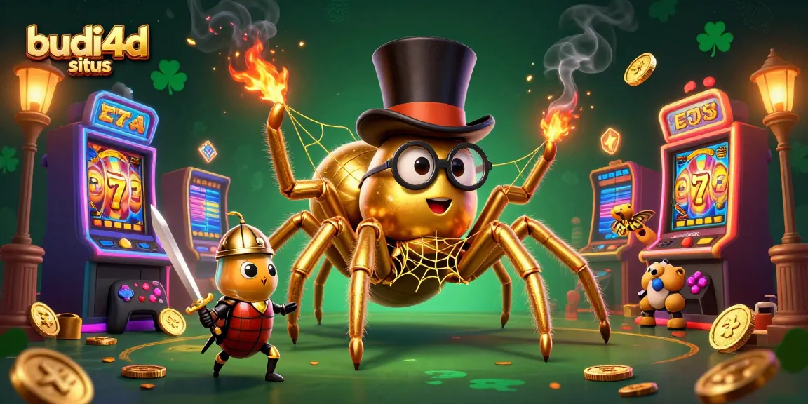 Budi4d situs showcases a golden tarantula weaving casino fortunes and a brave beetle knight amidst vibrant 3D slot machines.