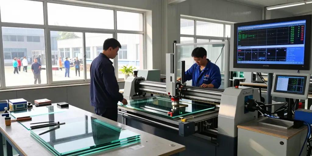 Glass machine manufacturers operate advanced machinery in a dynamic industrial setting with technicians and production data.