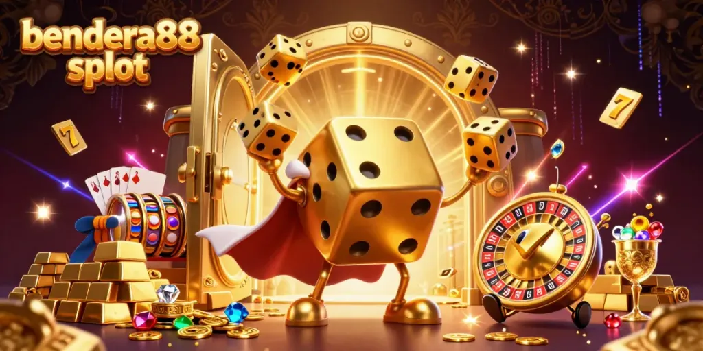 Menangkan jackpot dengan bendera88 slot, ilustrasi kasino 3D yang menampilkan karakter berwarna emas dan harta karun gemerlap.