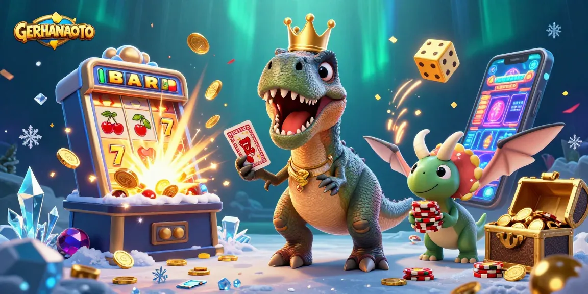 Menghadirkan GERHANATOTO, dino dan teman-temannya bermain kartu sambil menghadirkan jackpot slot dan chip emas.
