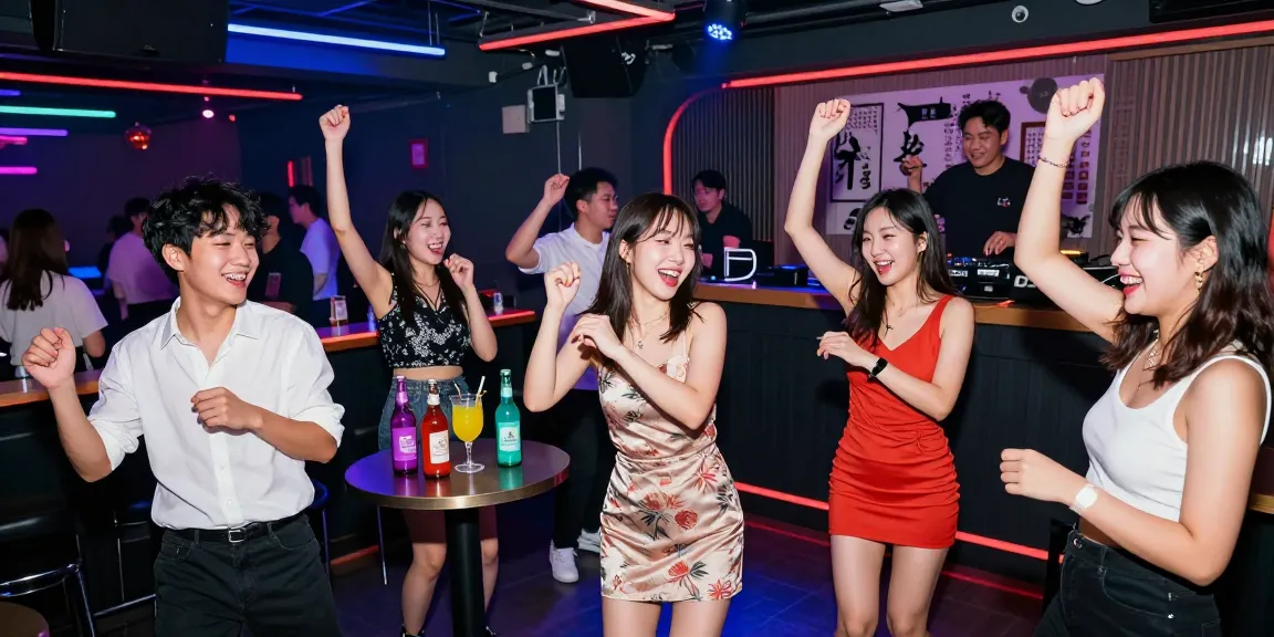 Exciting scene at 상봉동 한국관나이트 with friends dancing and vibrant neon lights.