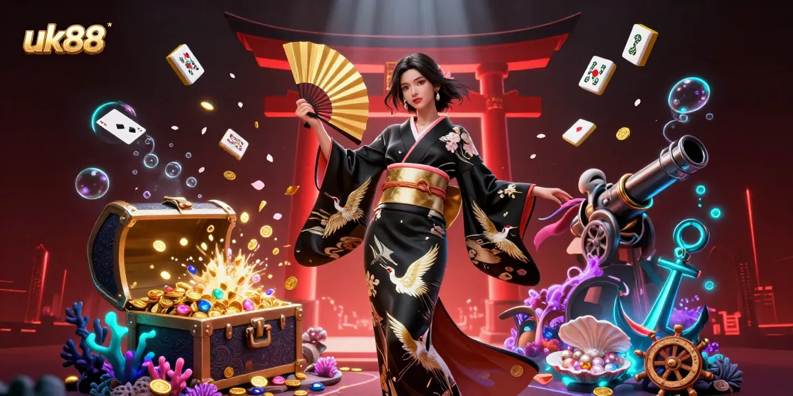 Experience thrilling gameplay at uk88 with elegant characters amidst a vibrant casino backdrop.