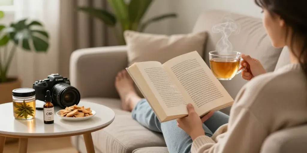 Entspanntes Zuhause mit Person, die CBD Tee genießt und über CBD Produkte informiert.