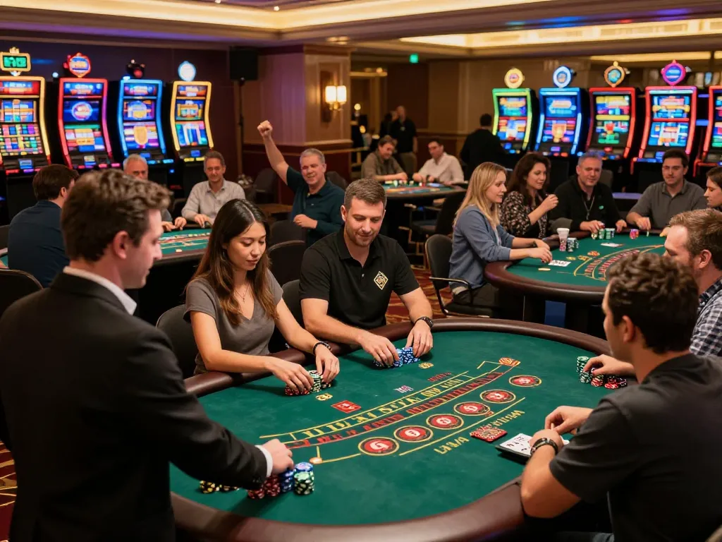 Nowgoal enthusiasts enjoying an exciting casino atmosphere with vibrant game tables and players engaged in thrilling gambling moments.