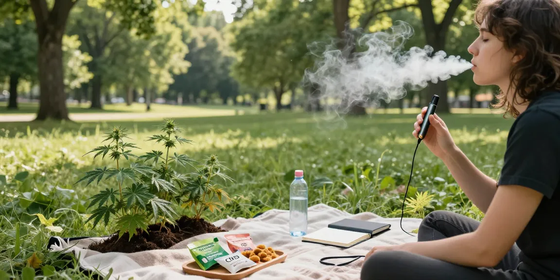 what is thc vape natural wellness scene with disposable vape device, organic CBD snacks, and lush greenery for a calming experience