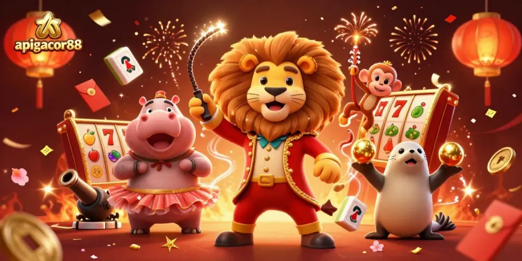 Experience the gaming excitement at apigacor88 with vibrant slot reels and dynamic characters.