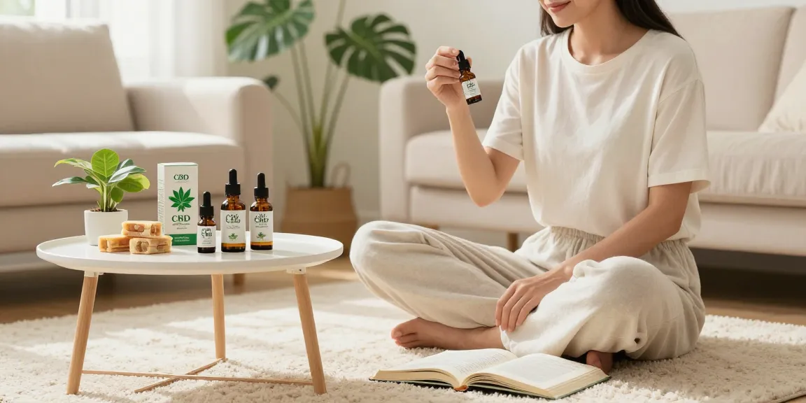 Enjoying cbd oil products canada in a cozy living room with wellness-focused CBD items on display.