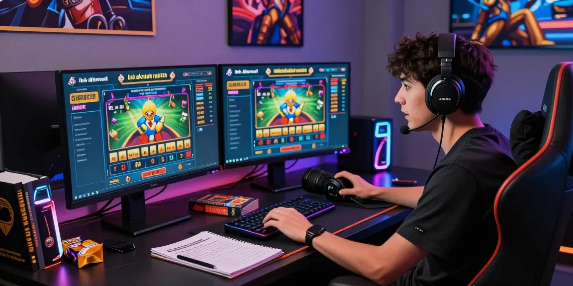 Gamer immersed in online betting with link alternatif raja328 on dual screens, dynamic atmosphere.