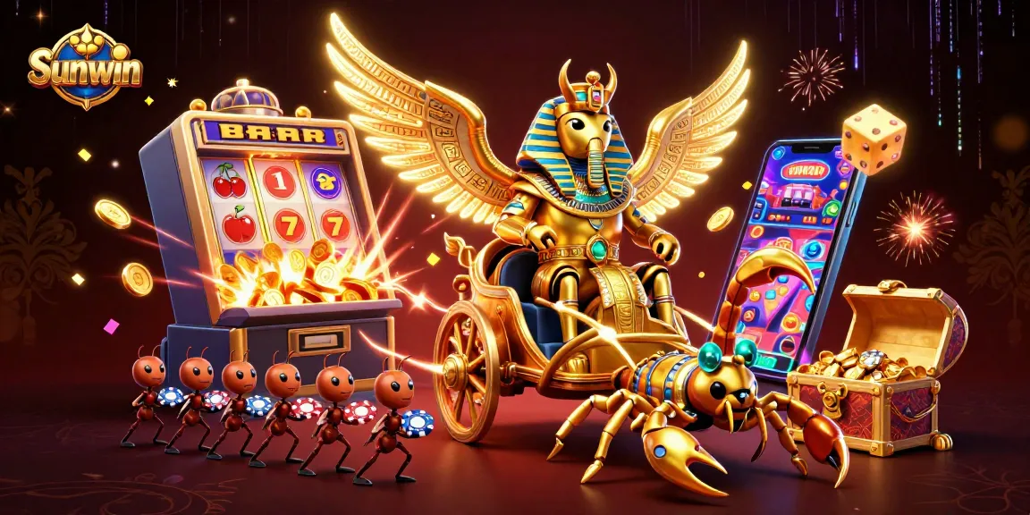 Experience vibrant gaming action at Sunwin with a 3D explosion of casino elements and engaging characters.