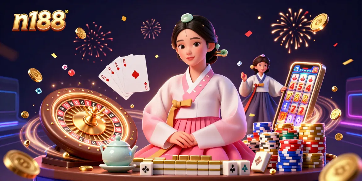 Win big at n188 in this vibrant casino scene with a serene Asian woman amidst dynamic gaming elements.