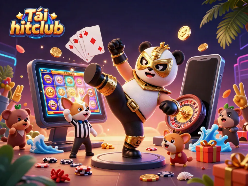 Tải hitclub with vibrant casino scene featuring a wrestling panda, gaming elements and cheering crowd.