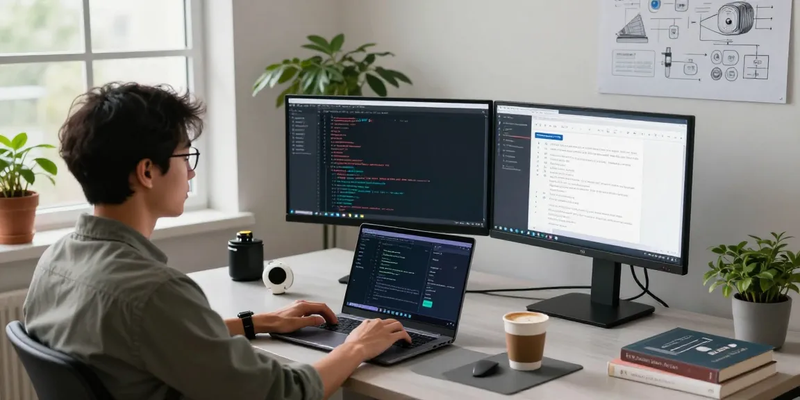 KoboldAI developer interacting in a tech workspace with multiple monitors showcasing AI applications and code.