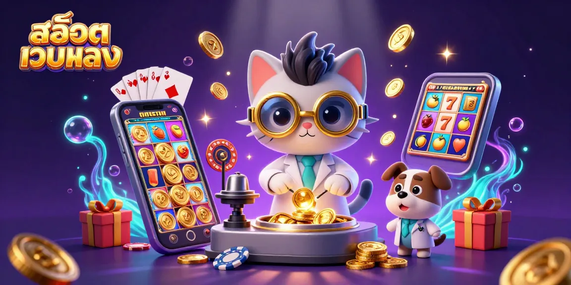 Play exciting slots with สล็อตเว็บตรง featuring a mad scientist cat and dog in a dynamic casino scene.