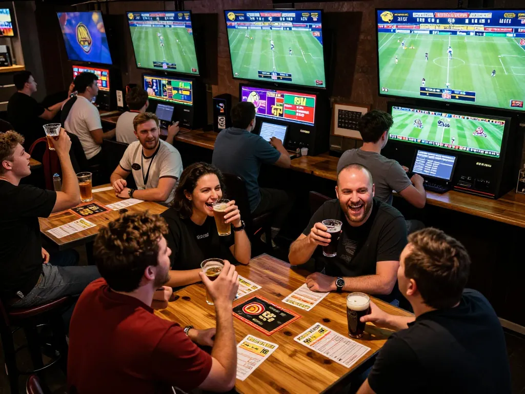 Cheering sports enthusiasts placing bets on S8 events in a vibrant venue.
