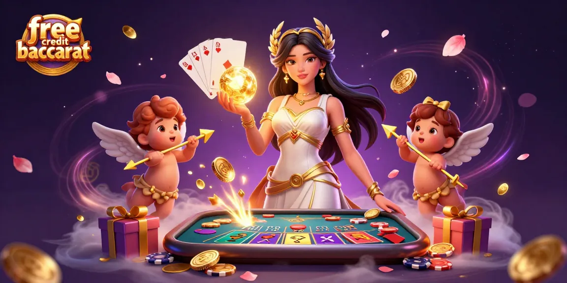 Engage in free credit baccarat with a goddess and cherubs amid glowing casino elements.