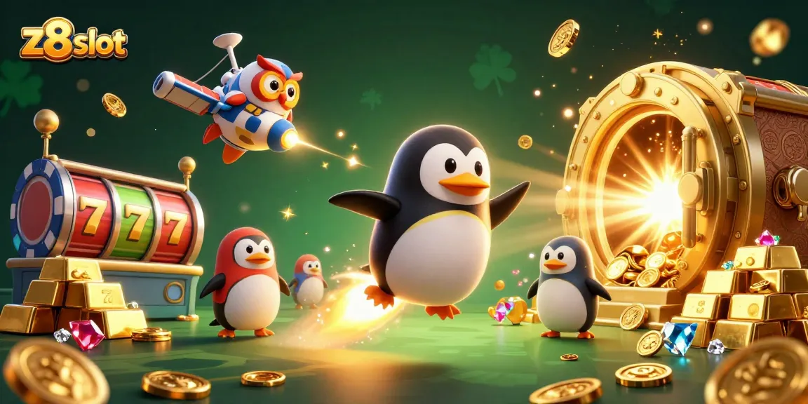 Experience thrilling wins with z8 slot as a golden penguin blasts through space towards a vibrant casino.