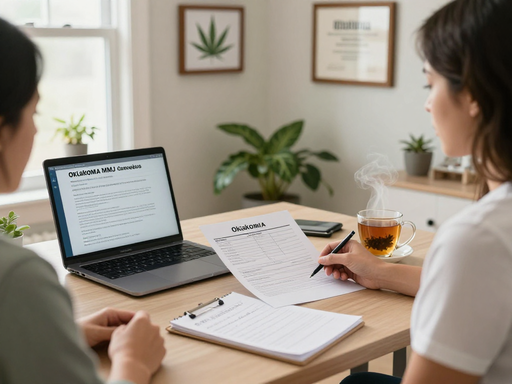 Oklahoma MMJ doctor reviewing patient documents in a cozy office.