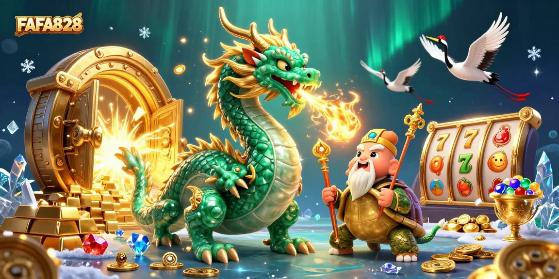 Win big at FAFA828 with a vibrant casino scene featuring a jade dragon and gold treasures.