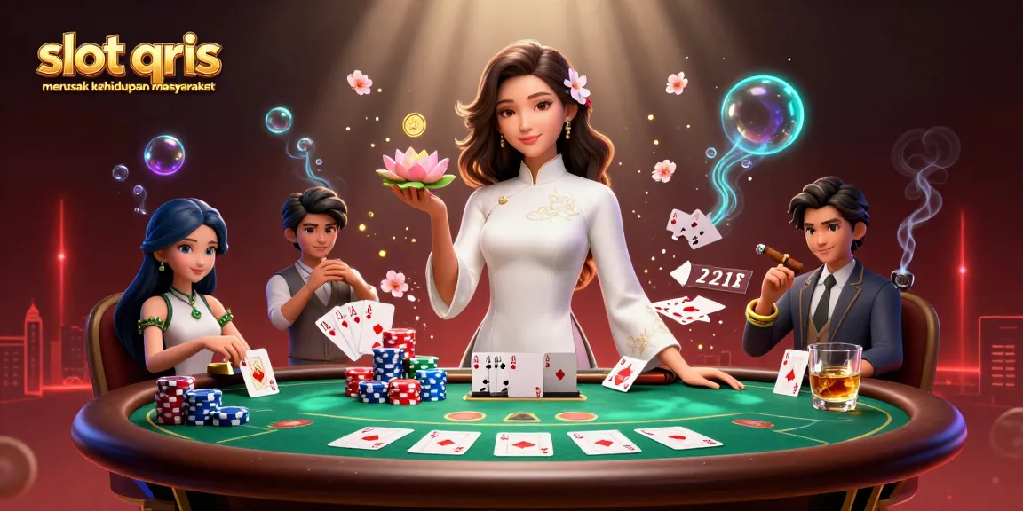 Engage with slot qris merusak kehidupan masyarakat through a vibrant casino scene featuring intricate details and gambling elements.