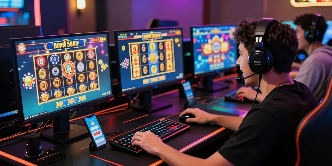 Engaged player enjoying slot depo 5000 gaming experience at a vibrant online casino setup.