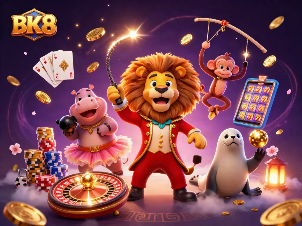 Experience the thrill of BK8 with a vibrant casino scene featuring lively characters and gambling elements.