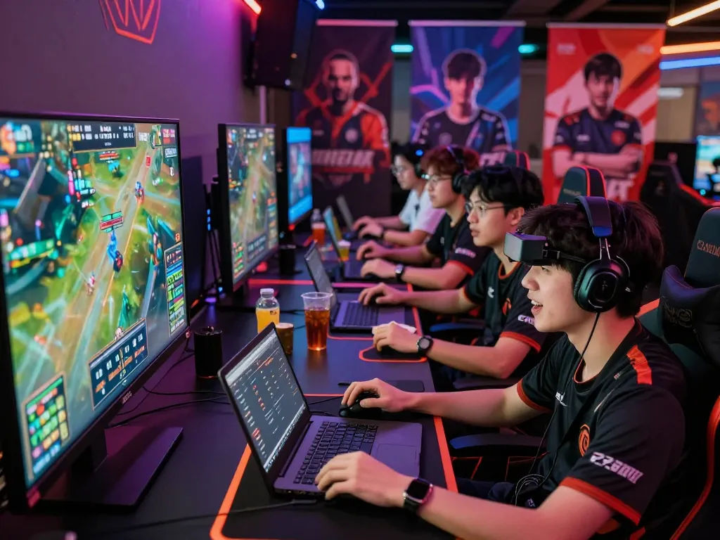 Exciting esports betting Singapore scene with diverse gamers analyzing live stats in a vibrant lounge.