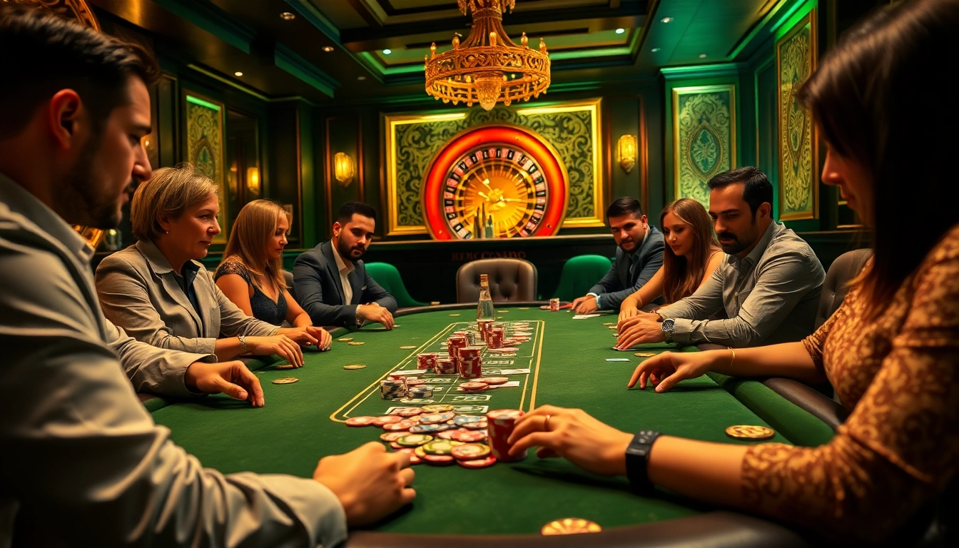 Exciting gameplay at b52club poker table with chips and cards in a luxurious casino environment