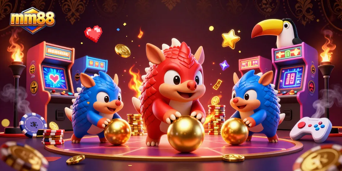 mm88 rival pangolins compete in a vibrant casino scene filled with golden chips and arcade machines
