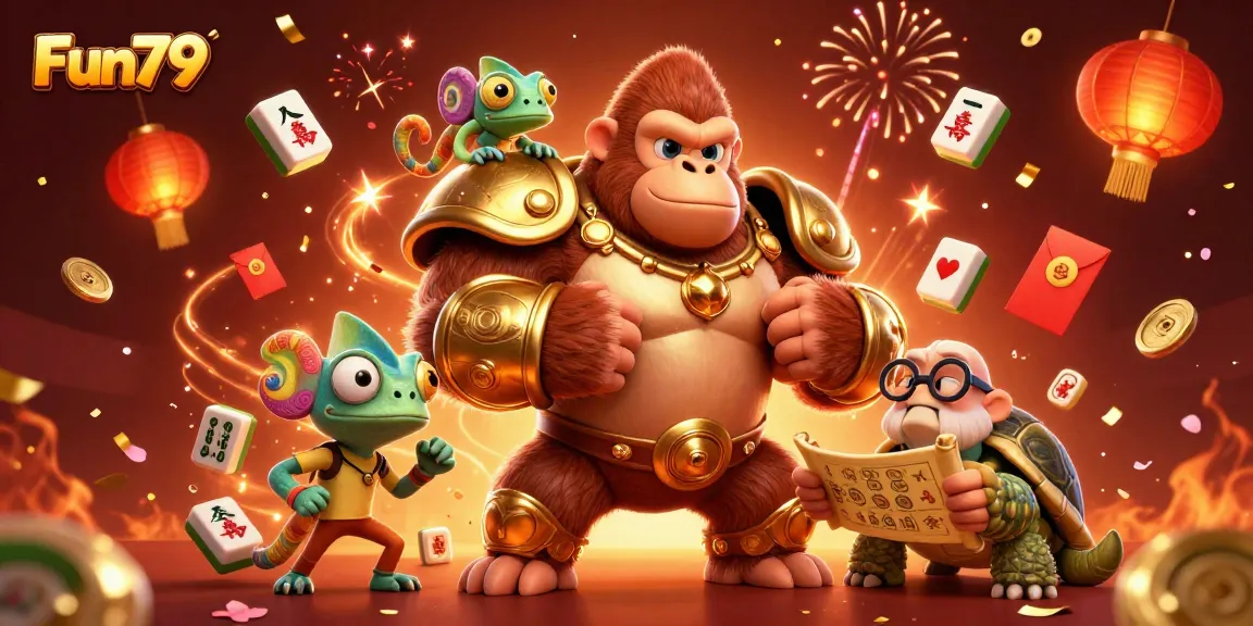 Experience exciting gaming thrills with Fun79 in a vibrant 3D casino illustration featuring festive elements.