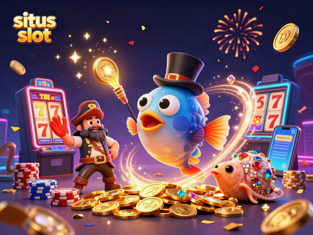 Engage with the immersive world of situs slot through dynamic 3D illustration featuring exciting casino elements.