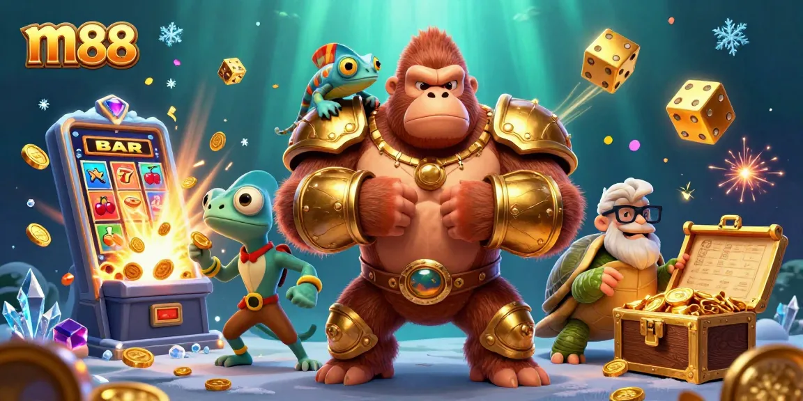 Experience the excitement of m88 with a dynamic scene of gambling characters, vibrant casino elements, and winning opportunities.