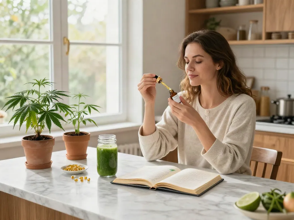 Buy weed online usa with premium CBD oil tincture, hemp plants, and a healthy smoothie in a bright kitchen.