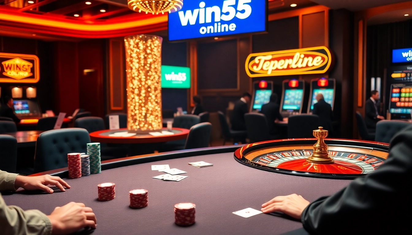 Experience high-stakes action with win55 online poker players at a luxurious casino table.