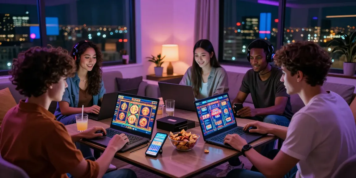 Exciting gaming moment with friends playing slot gacor in a vibrant living room.