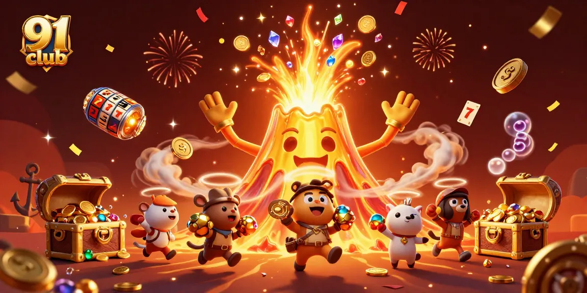 Experience the excitement of 91 club with treasures exploding from a golden volcano and vibrant slot reels.