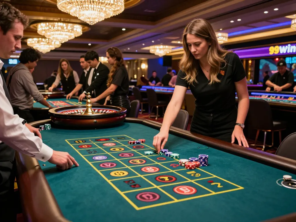 Players placing bets at a roulette table in a vibrant casino atmosphere showcasing 99win excitement.