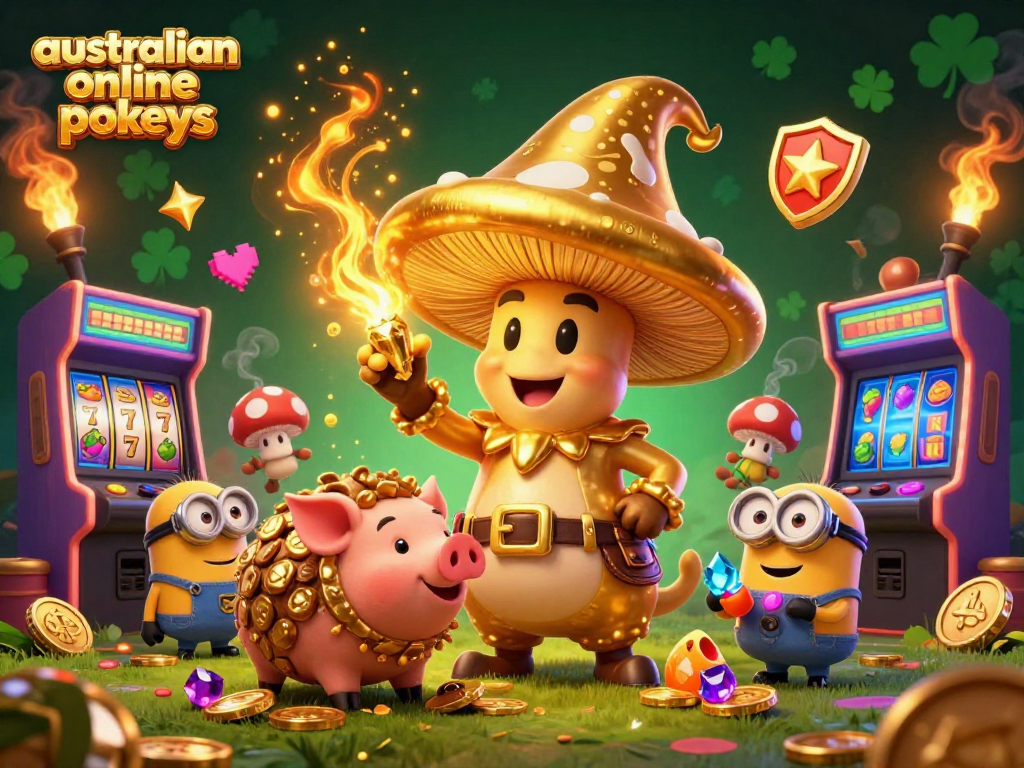 Experience exciting australian online pokies with vibrant characters and game elements in a stunning, magical casino scene.