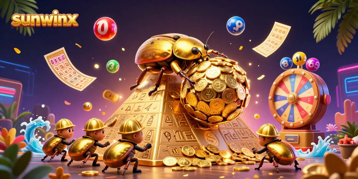 Experience thrilling casino excitement with sunwinx as massive golden beetles roll coin balls in a vibrant scene.