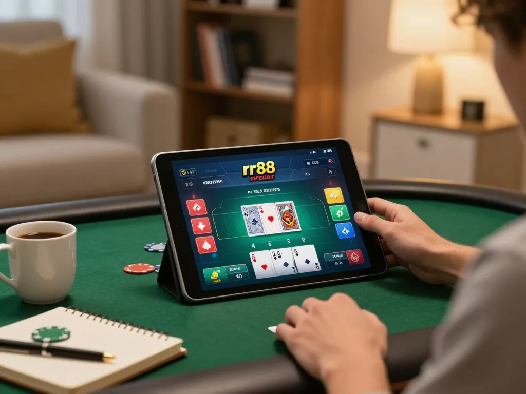 Experience thrilling gameplay on rr88 credit poker app with a player using tablet and strategy notes.